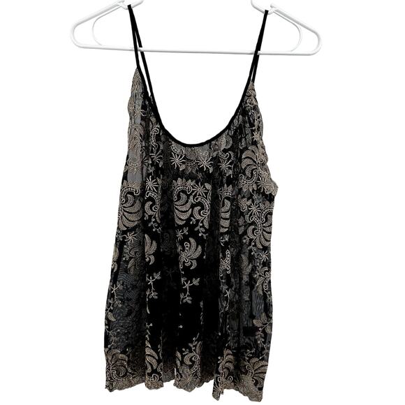 Calypso St. Barth Tops - Calypso St Barth Cami Top Embroidered Sheer Scoop Neck Flowy Black Gold Small